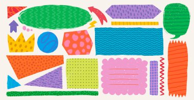 Kaba saba şekilli, çeşitli desenleri olan basit şekiller. El yapımı klasik ders kutuları, afişler ve desenli diğer formlar. Elle çizilmiş bilgi vektörü koleksiyonu.