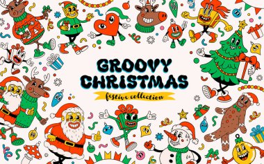 Harika Noel çizgi film karakterleri. 70 'lerin modası geçmiş komik Noel Baba, geyik, hediye ve Noel ağacı ve diğer unsurlar. Noel ve Yeni Yıl çıkartmaları için ideal tasarım ve dekorasyon, vektör