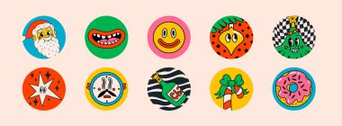 Yeni yıl karakterleri ve nesneleri olan eski tarz Noel çıkartmaları. Noel ve Yeni Yıl çıkartmaları için ideal tasarım ve dekorasyon, vektör illüstrasyonu.