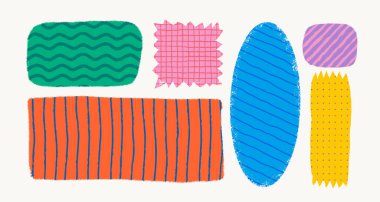 Kaba saba şekilli çeşitli desenlere sahip basit şekilli çıkartmalar. El yapımı vintage rozetler, afişler ve desenli diğer formlar. Elle çizilmiş bilgi vektörü koleksiyonu.