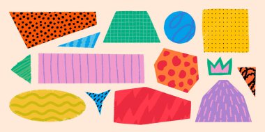 Kaba saba şekilli, çeşitli desenleri olan basit şekiller. El yapımı vintage rozetler, afişler ve desenli diğer formlar. Elle çizilmiş bilgi vektörü koleksiyonu.