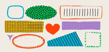 Kaba saba şekilli çeşitli desenlere sahip basit şekil çıkartmaları ve çerçeveler. El yapımı vintage rozetler, afişler ve desenli diğer formlar. Elle çizilmiş bilgi vektörü koleksiyonu.