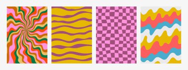 Soyut psikedelik retro desen seti. Canlı renklerle donanımlı arka planlar. Soyut y2k tarzında modaya uygun vektör dokuları. Poster ve resim baskıları için vektör grafiği