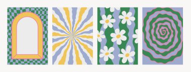 Soyut psikedelik retro desen seti. Geçmişi eski renklerle harika. Soyut y2k tarzında çarpık moda vektör dokusu. Poster ve resim baskıları için vektör grafiği