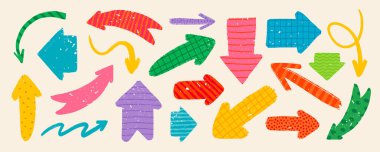 Kaba kırsal tarzda çeşitli desenleri olan el çizimi vektör okları. Dokuları ve çocukça desenleri olan klasik fırça soyut okları. Elle çizilmiş bilgi vektörü koleksiyonu.