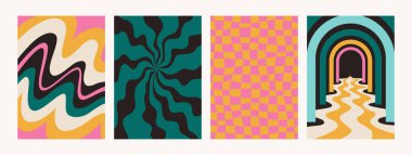 Soyut psikedelik retro desen seti. Geçmişi eski renklerle harika. Soyut y2k tarzında modaya uygun vektör dokuları. Poster ve resim baskıları için vektör grafiği