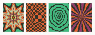 Soyut psikedelik retro desen seti. Canlı renklerle donanımlı arka planlar. Soyut y2k tarzında modaya uygun vektör dokuları. Poster ve resim baskıları için vektör grafiği