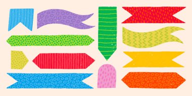 Çocuksu şablonları olan defter ya da günlük için vektör yer imleri. Çeşitli şekil ve stillerde bayrak pankartları ve not etiketleri. Albüm ve tasarım için etiket paketi