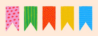 Çocukça şekilli defter veya günlük için vektör soyut yer imleri ve bayrak pankartları. Beyaz arkaplanda çeşitli şekil ve stillerde albüm yapmak için büyük etiket seti.