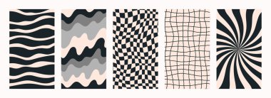 Soyut psikedelik retro desen seti. Soyut y2k tarzında modaya uygun arka planlar. Poster ve resim baskıları için vektör grafiği