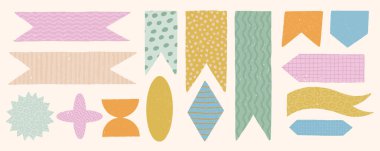 Kağıt üzerinde pastel renkli çıkartmalar. Çocuksu şablonları olan defter ya da günlük için vektör yer imleri. Albüm ve tasarım için etiket paketi