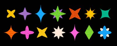 Modern soyut yıldız şekilleri basit desenler ve dokularla. Y2K soyut, modern, vahşi geometrik yıldızlar seti. Etiketler ve grafik tasarımı için vektör seti.