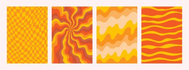 Soyut Groovy özgeçmişi. Turuncu renkli saykodelik retro desenler. Soyut y2k tarzında çarpık ve damalı vektör dokusu. Poster ve resim baskıları için vektör grafiği