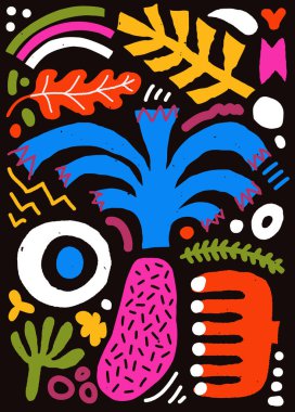 Saf geometrik karalamalı soyut organik şekil posteri. Basit şekilleri ve çiçekleri olan çocukça duvar sanatı. Modern soyut tasarım.