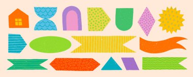 Vektör soyut geometrik şekiller, not defterleri ve çocuksu şekilli bayrak pankartları. Beyaz arkaplanda çeşitli şekil ve stillerde albüm yapmak için büyük etiket seti.