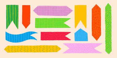 Çeşitli şekillerde ve tarzlarda kağıt çıkartmalar. Çocuksu şablonları olan defter ya da günlük için vektör yer imleri. Albüm ve tasarım için etiket paketi