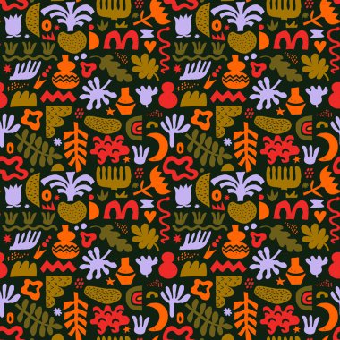 Saf geometrik karalamalarla soyut organik şekiller. Basit şekilleri ve çiçekleri olan çocuksu bir geçmişi var. Modern soyut tasarım.