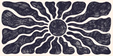 Dalgalı ışınlar ve pastel boya ile harika bir güneş, soyut retro yaz güneşi arka planı. El çizimi soyut Güneş patlaması hippi afişi, vektör illüstrasyonu