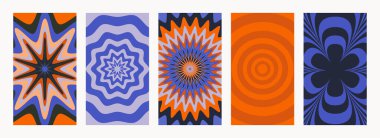 Soyut psikedelik retro desen seti. Turuncu ve menekşe renkli harika arka planlar. Soyut y2k tarzında modaya uygun hippi vektör dokusu. Poster ve resim baskıları için vektör grafiği