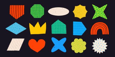 Basit desenleri ve dokuları olan modern soyut geometrik şekiller. Y2K soyut, vahşi geometrik şekil seti. Etiketler ve grafik tasarımı için vektör seti.