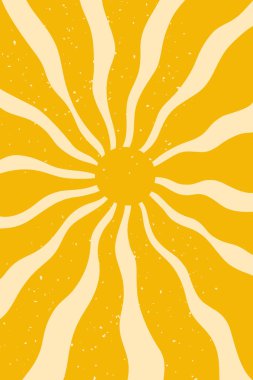 Soyut retro yaz güneşi posteri. Dalgalı ışınları ve klasik tahıl dokusuyla harika bir güneş. El çizimi soyut Güneş patlaması hippi afişi, vektör illüstrasyonu