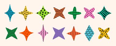 Elle çizilmiş dokuları ve kalın desenleri olan renkli soyut yıldızların oyuncu bir koleksiyonu. Etiketler, simgeler, grafik tasarımı, yaratıcı projeler ve dekorasyon için mükemmel vektör ögeleri.