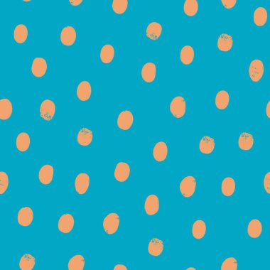 Mavi ve turuncu renklerde beneksiz desen. Oyuncu desenli düzensiz nokta izli el çizimi soyut arka plan. Modern kumaş, duvar kağıdı veya yazdırma yüzeyi için vektör tasarımı ideal.