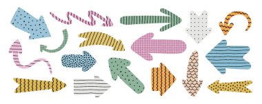 Yumuşak fırça çizgileri ve desenleri olan el çizimi soyut ok şekilleri. Modern elementler, navigasyon simgeleri, oyuncu düzenler, retro grafikler ve yaratıcı tasarım projeleri için vektör tasarımı mükemmel.