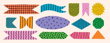 Renkli soyut şekil, çıkartma ve retro desenli pankart koleksiyonu. El çizimi vektör ögeleri kağıt notlar, not dekorasyonu, yer imleri, hatıra defteri ve grafik tasarımı için mükemmeldir.