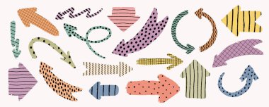 Renkli soyut dokuları ve oyuncu fırça darbeleriyle el çizimi ok koleksiyonu. Vektör tasarım ögeleri notlar, not etiketleri, dekorasyon, grafik tasarım ve yaratıcı projeler için mükemmeldir.