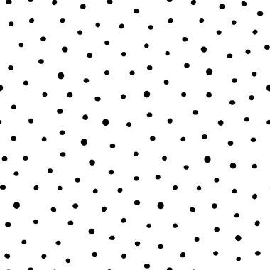 Klasik siyah-beyaz el çizilmiş düzensiz noktalı vektör arkaplanındaki oyuncu noktalı polka deseni. Kumaş, kağıt veya minimalist duvar kağıdı tasarımı için ideal soyut doku baskısı.