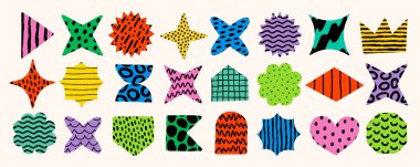 Renkli soyut şekillerin oyuncu bir koleksiyonu yıldızlar, elyazması dokular ve kalın desenli kalpler. Etiketler, simgeler, grafik tasarımı ve dekorasyonu için mükemmel vektör ögeleri
