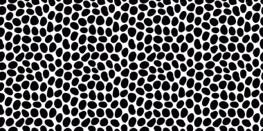 Elle çizilmiş organik şekilli, düzensiz lekeli desen. Siyah ve beyaz renklerde kabataslak karalama noktalarıyla yatay arkaplan.