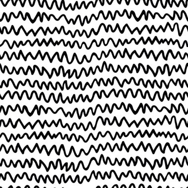 Siyah ve beyaz, zigzag desenli. Düzensiz el zig zag çizgisi dokusu ve şevron dalgası etkisi. Kumaş, ambalaj kağıdı, markalaşma veya web tasarımı için mükemmel. Örneklere sürükle