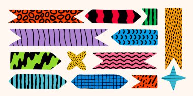 Not etiketi ve renkli desenli soyut kağıt şekil koleksiyonu. Not defteri, günlük ya da yer imi tasarımı için el çizimi notlar. Yaratıcı markalaşma projeleri için ideal eğlenceli vektör grafikleri