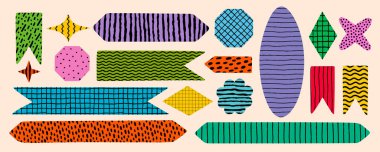 Renkli soyut şekiller ve retro desenli pankart koleksiyonu. Yer imi yapımı, not dekorasyonu, hatıra defteri ve yaratıcı grafik tasarım projeleri için modern zorba unsurlar ideal.