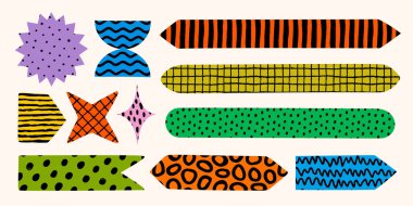 Şekil etiketi ve renkli kurdele ve afişlerle soyut kağıt koleksiyonu. Not defteri, günlük ya da yaratıcı tasarım için el çizimi not ve yer imi ögeleri. Markalaşma için eğlenceli vektör desenleri.