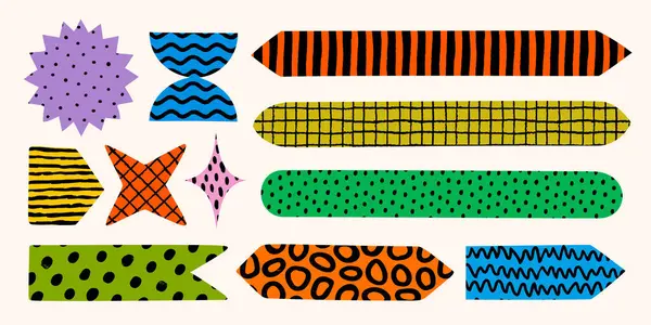 Şekil etiketi ve renkli kurdele ve afişlerle soyut kağıt koleksiyonu. Not defteri, günlük ya da yaratıcı tasarım için el çizimi not ve yer imi ögeleri. Markalaşma için eğlenceli vektör desenleri.