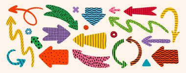 Renkli fırça darbeleriyle soyut ok şekilleri. El çizimi vektör tasarımı simgeler, navigasyon ögeleri, modern grafikler, oyuncu planlar ve yaratıcı projeler için mükemmeldir..