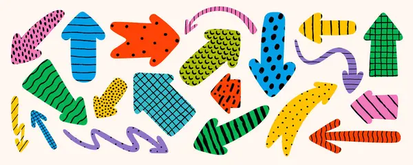 El çizimi fırça desenli ok şeklindeki çıkartma koleksiyonu. Not, kağıt, grafik, web ve yaratıcı projeler için soyut tasarım vektör ögesi.