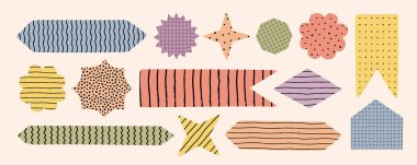 El çizimi desenli nötr not, şekil, etiket ve yer imi koleksiyonu. Kağıt tasarımı, not dekorasyonu, günlük unsurları, hatıra defteri projeleri ve yaratıcı vektör grafikleri için ideal.