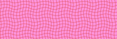 Pembe üzerinde kırmızı çizgiler olan dalgalı ızgara şablonu kusursuz arka plan soyut bir dama tahtası etkisi yaratıyor. Kumaş, duvar kâğıdı ve ambalaj için harika bir şebeke biçimi. Kullanmak için örnek paneline sürükle.