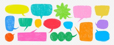 Sarı, mavi, kırmızı, pembe, turuncu, yeşil ve mor renkte saydam arkaplan üzerine boyanmış pastel boya balonu. Yapıştırma paketleri ve posterler için karalama tebeşiri şeklinde çizilmiş vektör desenli metin baloncuk eli