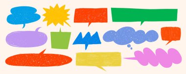 Renkli konuşma balonu kırmızı, mavi, yeşil ve sarı renkte ayarlandı. Çizgi film tarzında el çizimi konuşma ve konuşma vektörü. Çıkartmalar, okul tasarımları, çocuk baskıları için kullan.