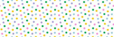 Beyaz arka planda konfeti noktaları olan pürüzsüz renkli benekli desen. Çocuk baskıları, parti davetiyeleri, kumaşlar, hatıra defteri için neşeli bir vektör. Kullanmak için örnek paneline sürükle.