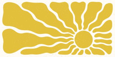 Kalın organik ışınlar ve dokulu yatay arkaplan üzerinde sarı retro güneş çizimi. Güneş sanatı soyut moda tarzında. Duvar sanatı, posterler, baskılar ve yaz dekorasyonu için mükemmel..