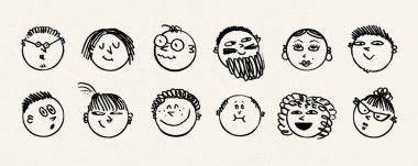 Emoji tebeşir karalama karalama yüzleri siyah çizgi şeklinde pastel boya dokusuyla çizilmiş. Tebeşir emoji yüz simgeleri basit gülücükler ve ifadelerle. Çocuk sanatı, posterler, çıkartmalar, oyuncu tasarım için harika..