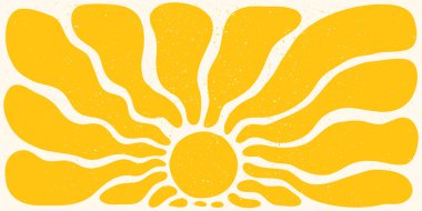 Tahıl desenli yatay zemin üzerinde kalın organik ışınlar bulunan turuncu retro güneş çizimi. Güneş sanatı soyut moda tarzında. Duvar sanatı, posterler, baskılar ve yaz dekorasyonu için mükemmel..