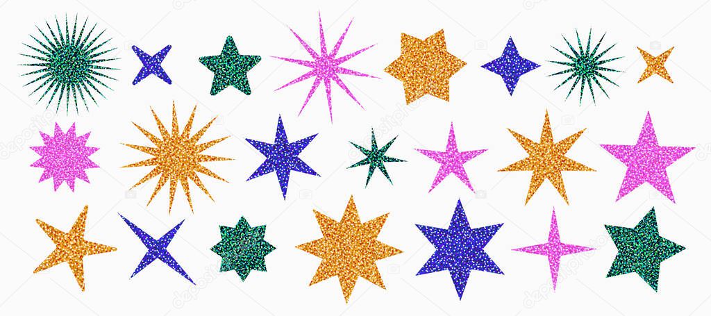 Glitter star stickers in vibrant gold, pink, green, and blue colors. Sparkling sequin texture star with disco shine. Vector design for crafts, invitations, party decor, and Christmas design