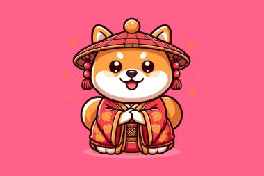 Cute Shiba Inu Dog Traditional Costume ChineseIllustration